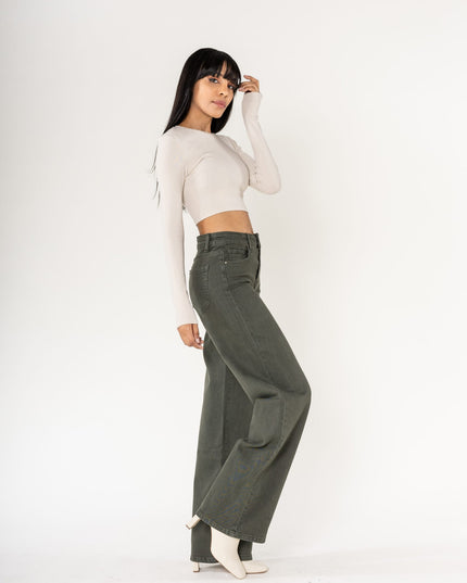 Wholesale Khaki High Waist Wide Leg Flare Jeans