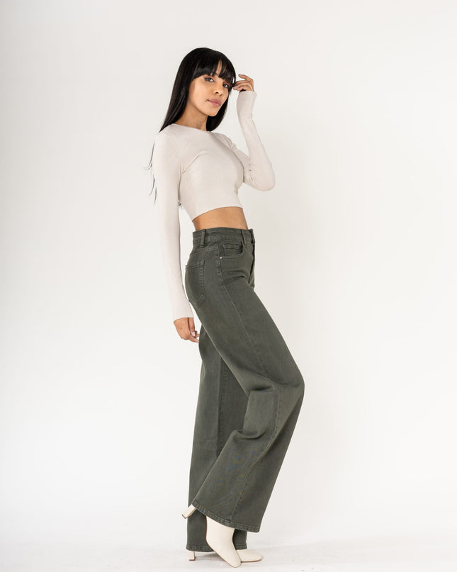 Wholesale Khaki High Waist Wide Leg Flare Jeans