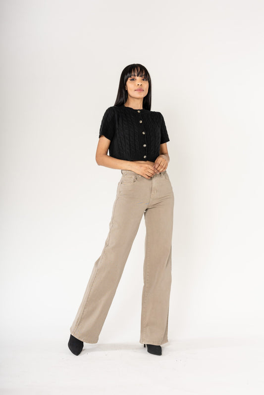 Wholesale Beige High Waist Wide Leg Flare Jeans