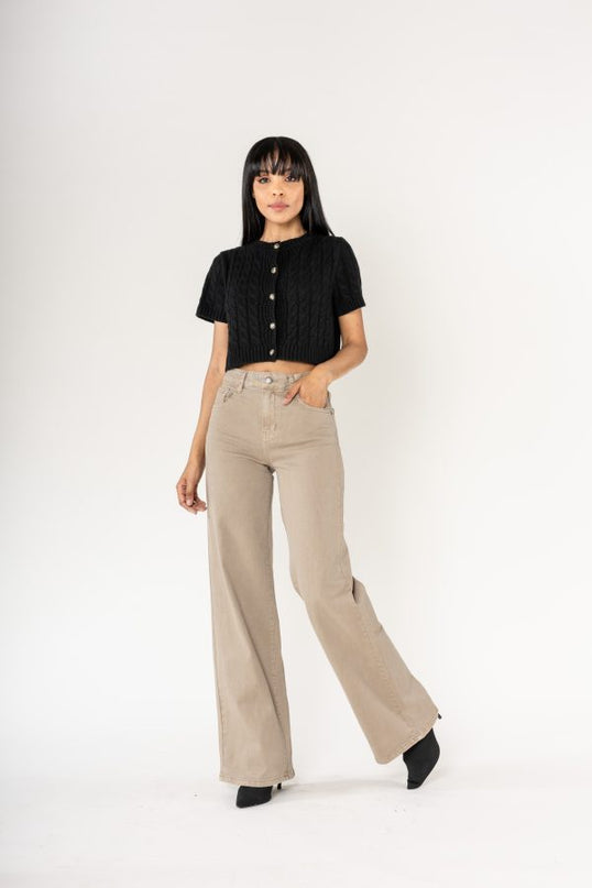 Wholesale Beige High Waist Wide Leg Flare Jeans