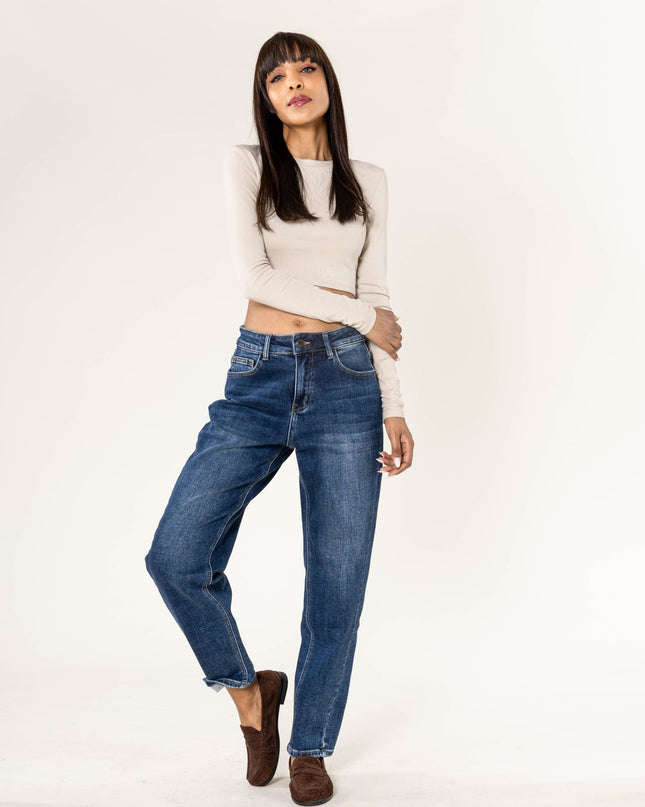 Wholesale Barrel Leg Fleece-Lined Jeans Blue