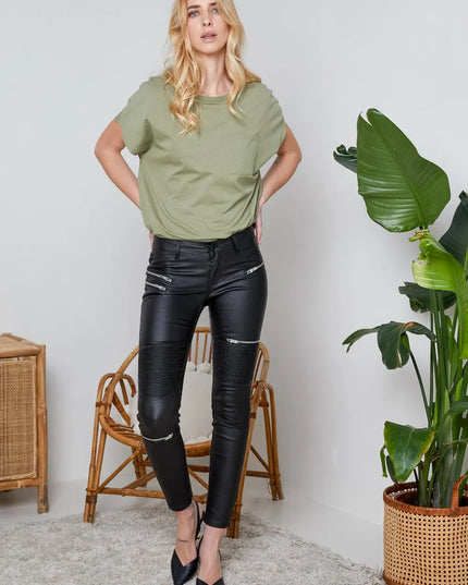 Women's Black Coated Biker Trousers