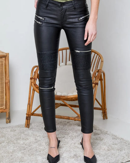 Women's Black Coated Biker Trousers