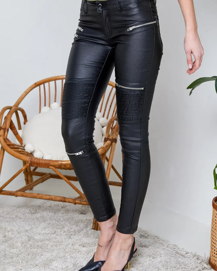 Women's Black Coated Biker Trousers