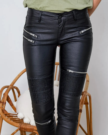 Women's Black Coated Biker Trousers