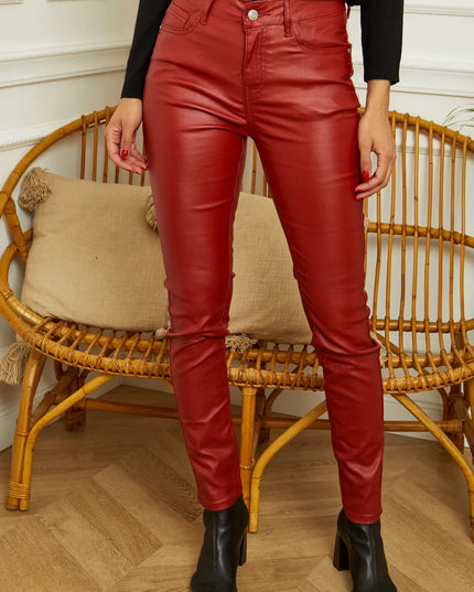 Women's Red Coated Skinny Trousers