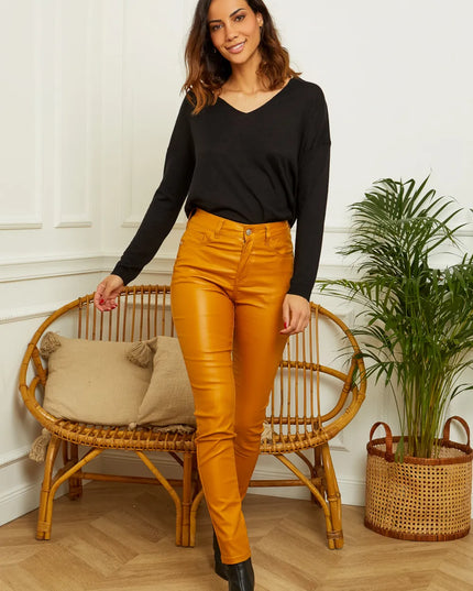 Women's Mustard Coated Skinny Trousers