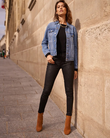Women's Black Coated Skinny Trousers