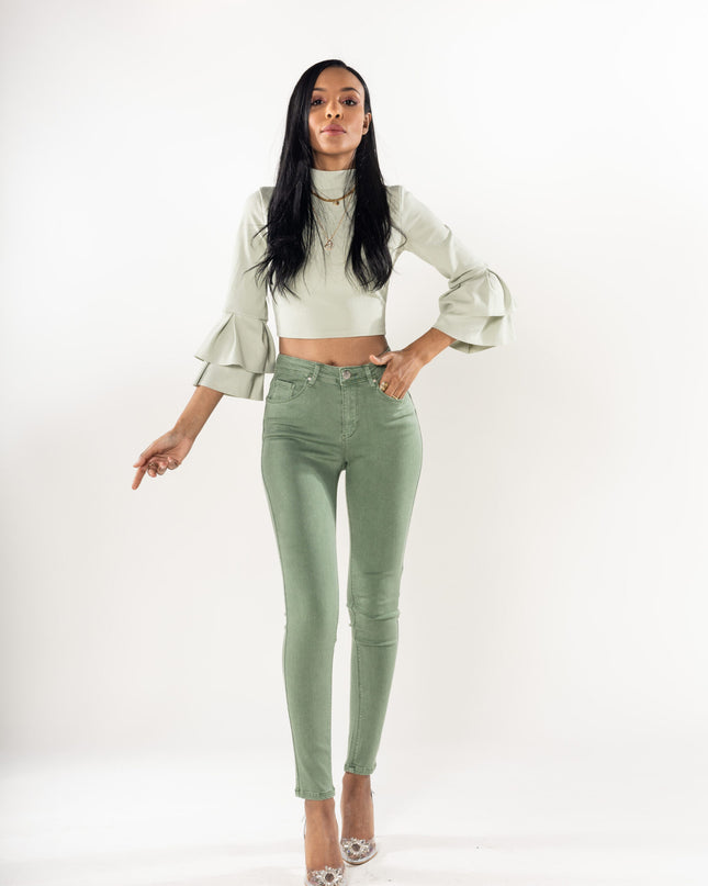 Wholesale Almond Green Push Up High Waist Jeans