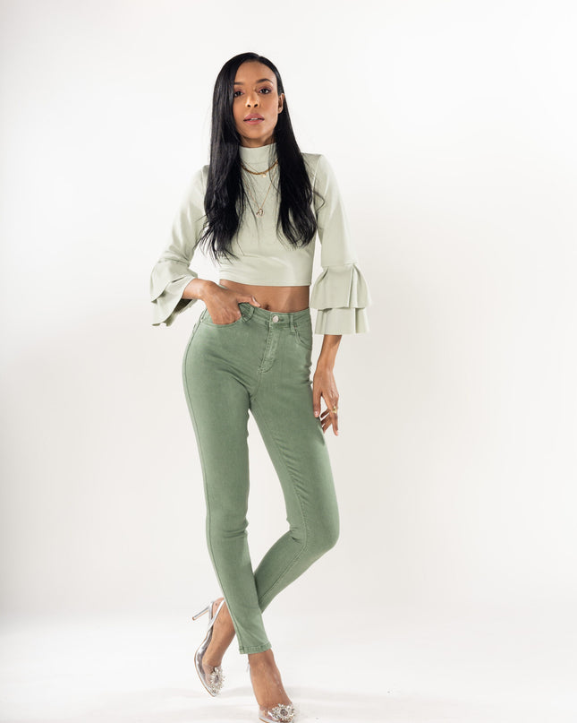 Wholesale Almond Green Push Up High Waist Jeans
