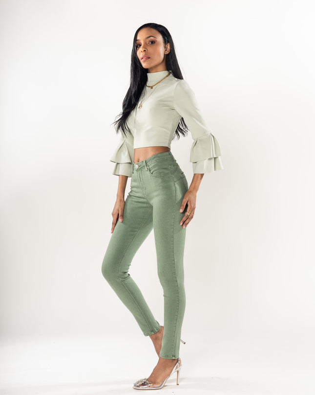 Wholesale Almond Green Push Up High Waist Jeans