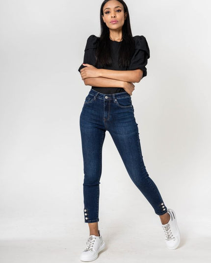 Wholesale dark blue Jeans with buttons at the bottom of the leg