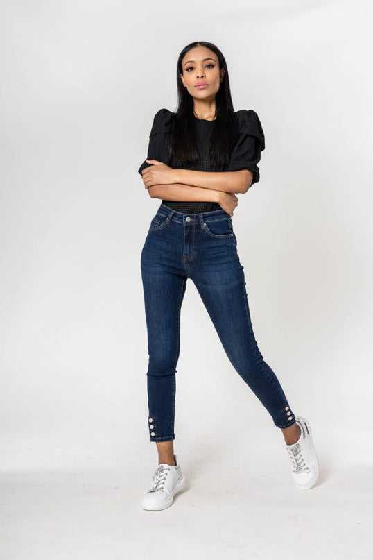 Wholesale dark blue Jeans with buttons at the bottom of the leg