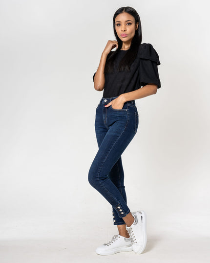 Wholesale dark blue Jeans with buttons at the bottom of the leg