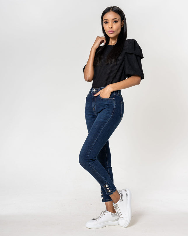 Wholesale dark blue Jeans with buttons at the bottom of the leg