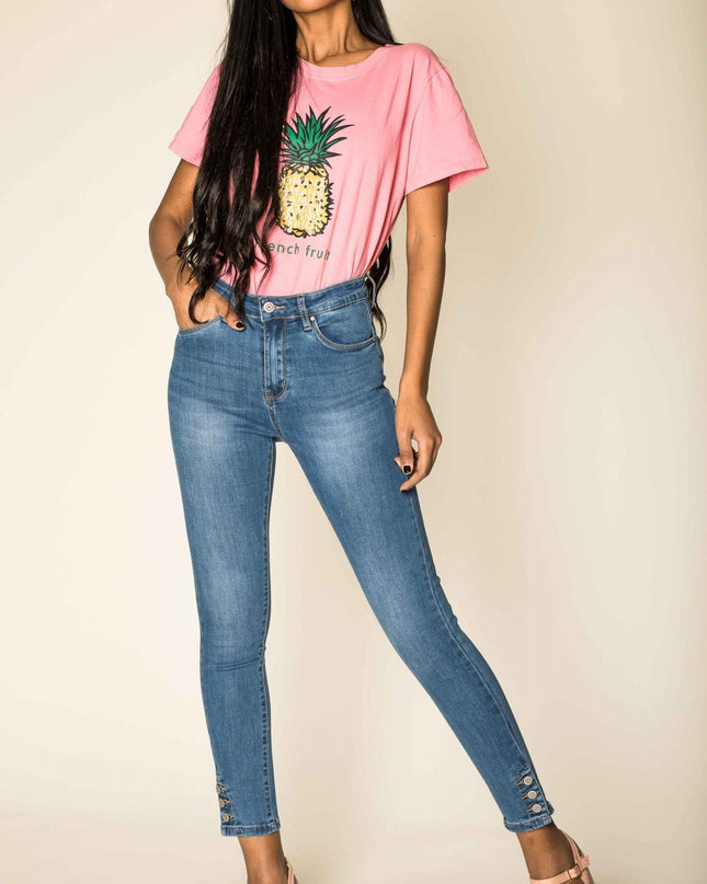 Wholesale blue Jeans with buttons at the bottom of the leg