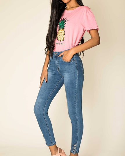 Wholesale blue Jeans with buttons at the bottom of the leg