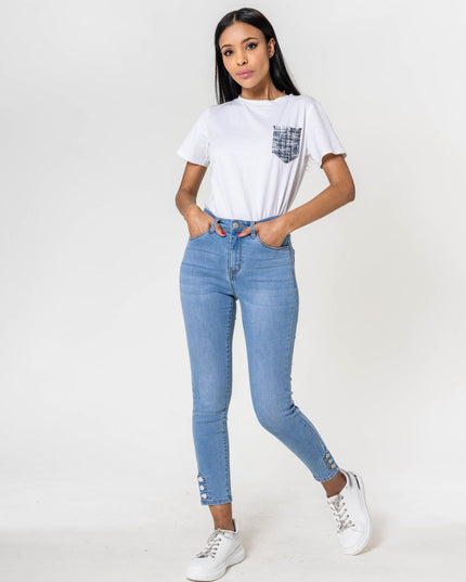 Wholesale light blue Jeans with buttons at the bottom of the leg