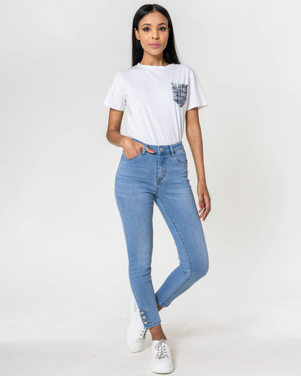 Wholesale light blue Jeans with buttons at the bottom of the leg