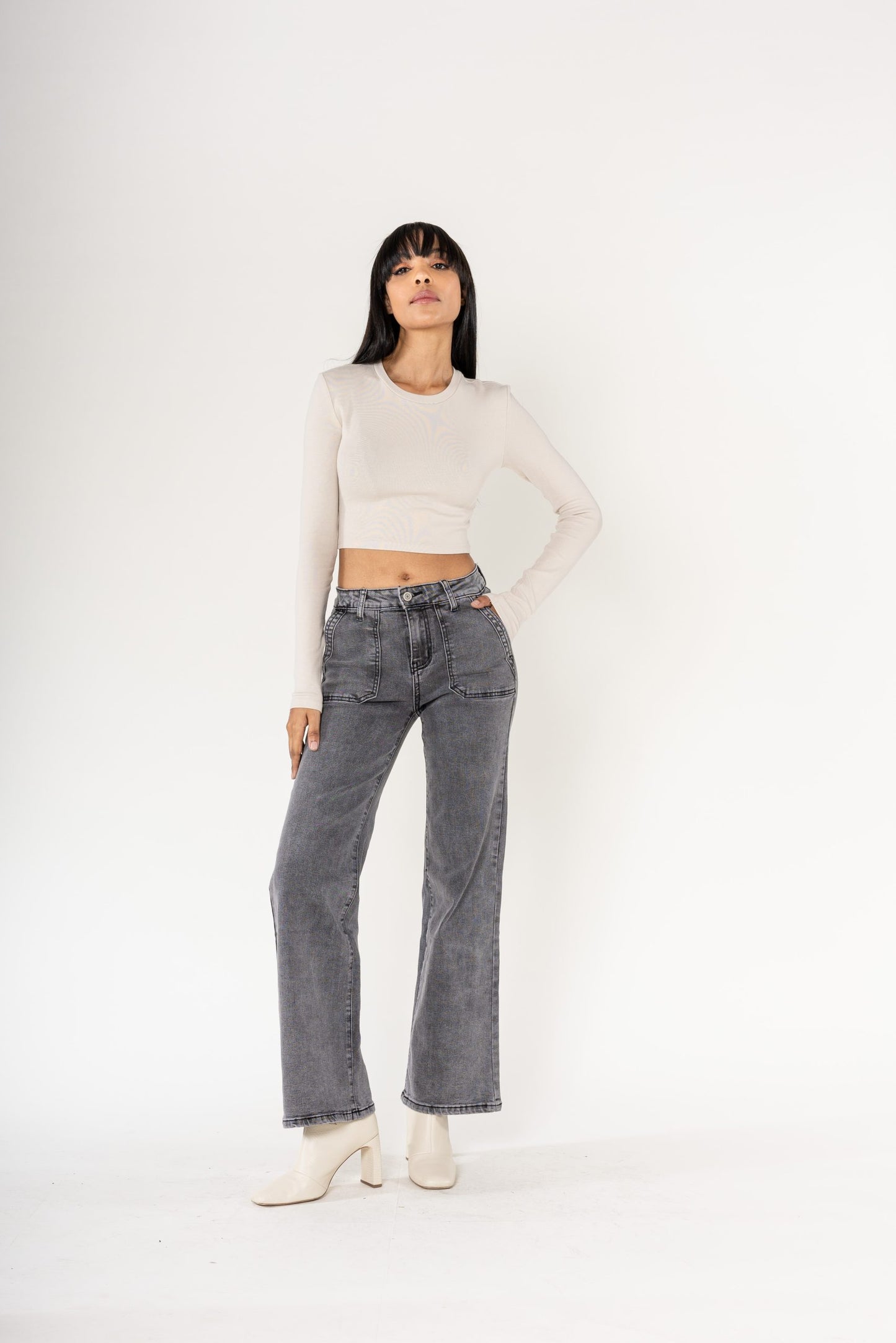 Wholesale Gray High Waisted Stretch Flare Jeans