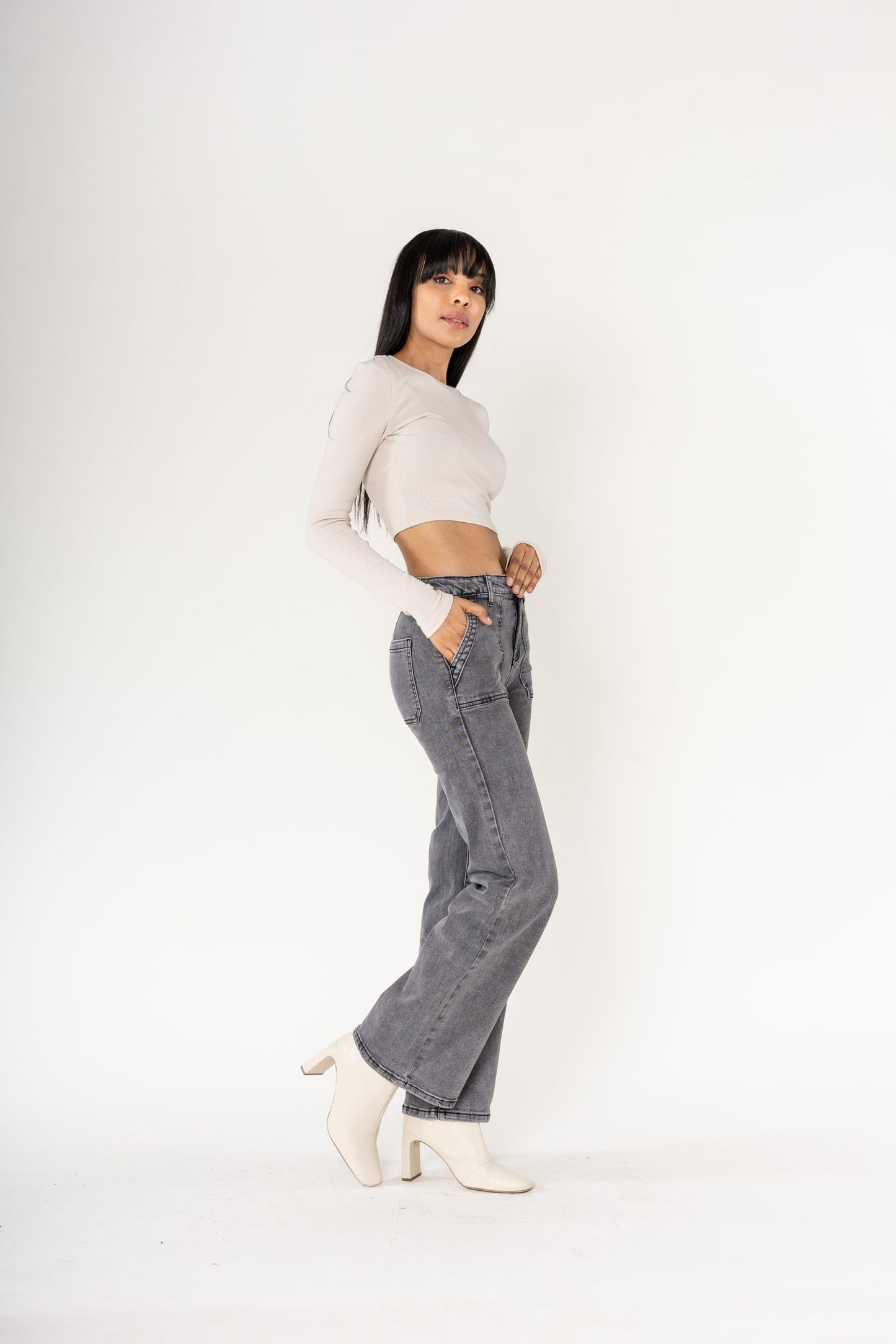 Wholesale Gray High Waisted Stretch Flare Jeans