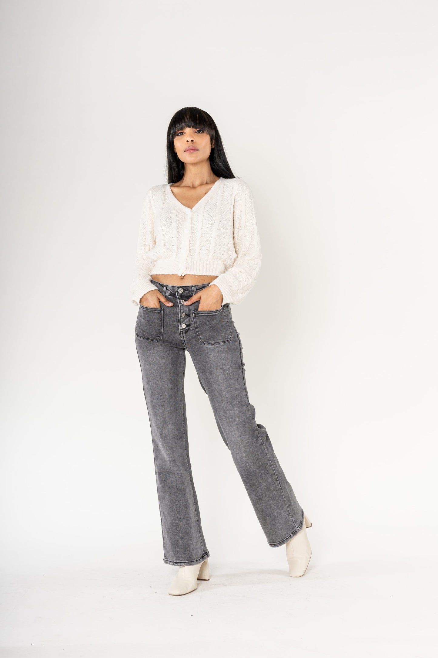 Wholesale Gray Super Wide High Waisted Jeans with Buttons