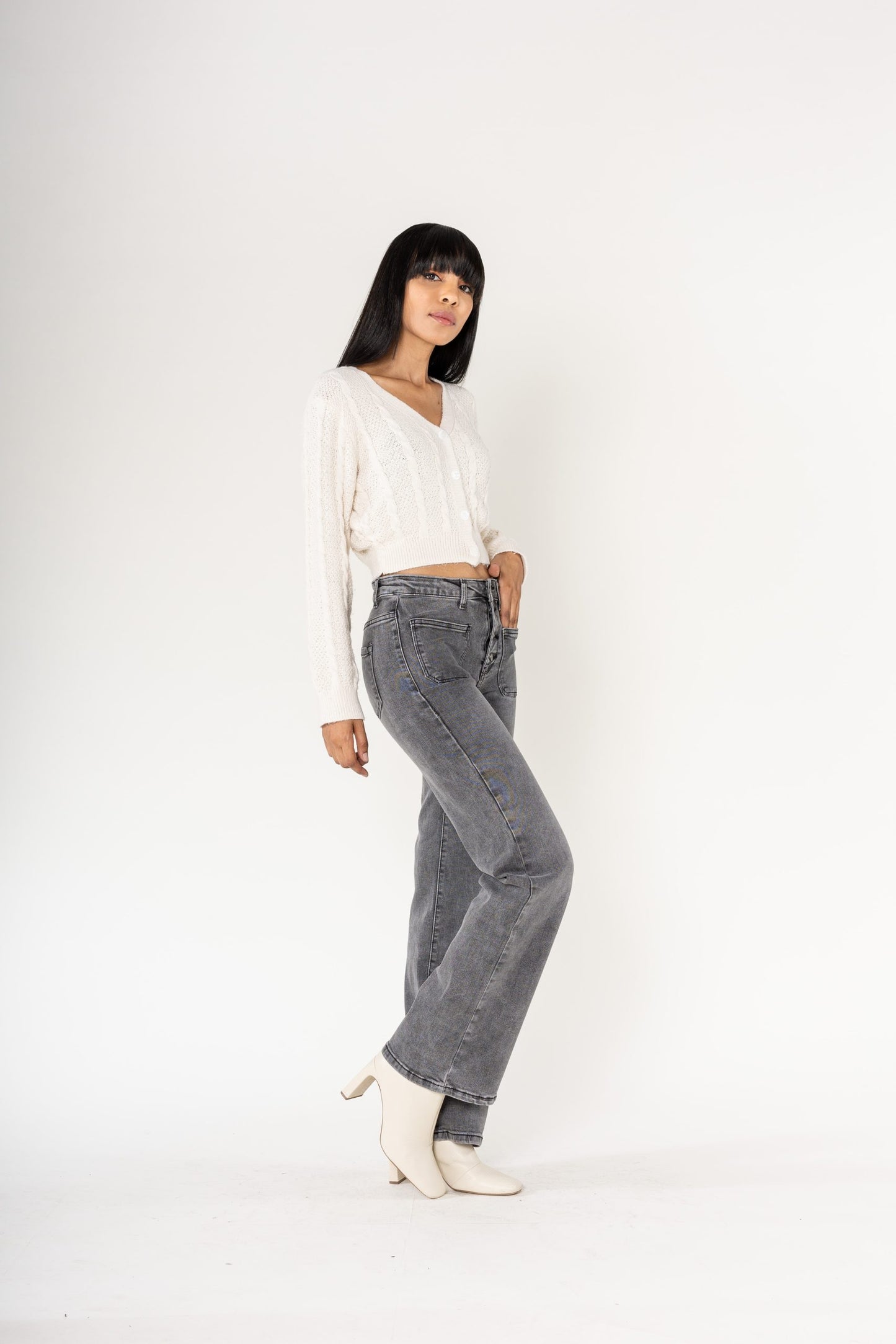 Wholesale Gray Super Wide High Waisted Jeans with Buttons