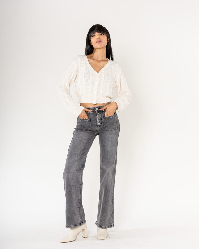 Wholesale Gray Super Wide High Waisted Jeans with Buttons