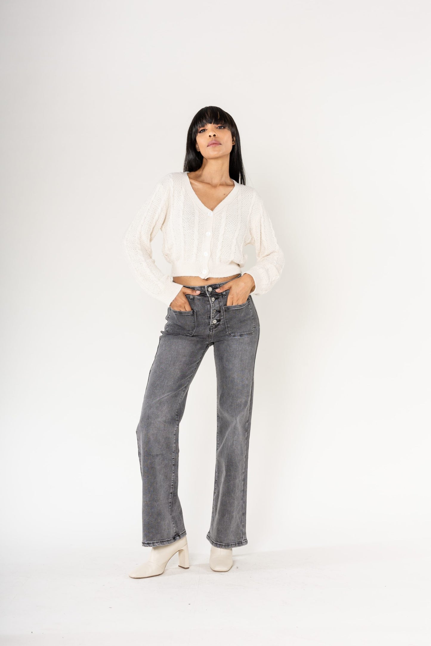 Wholesale Gray Super Wide High Waisted Jeans with Buttons