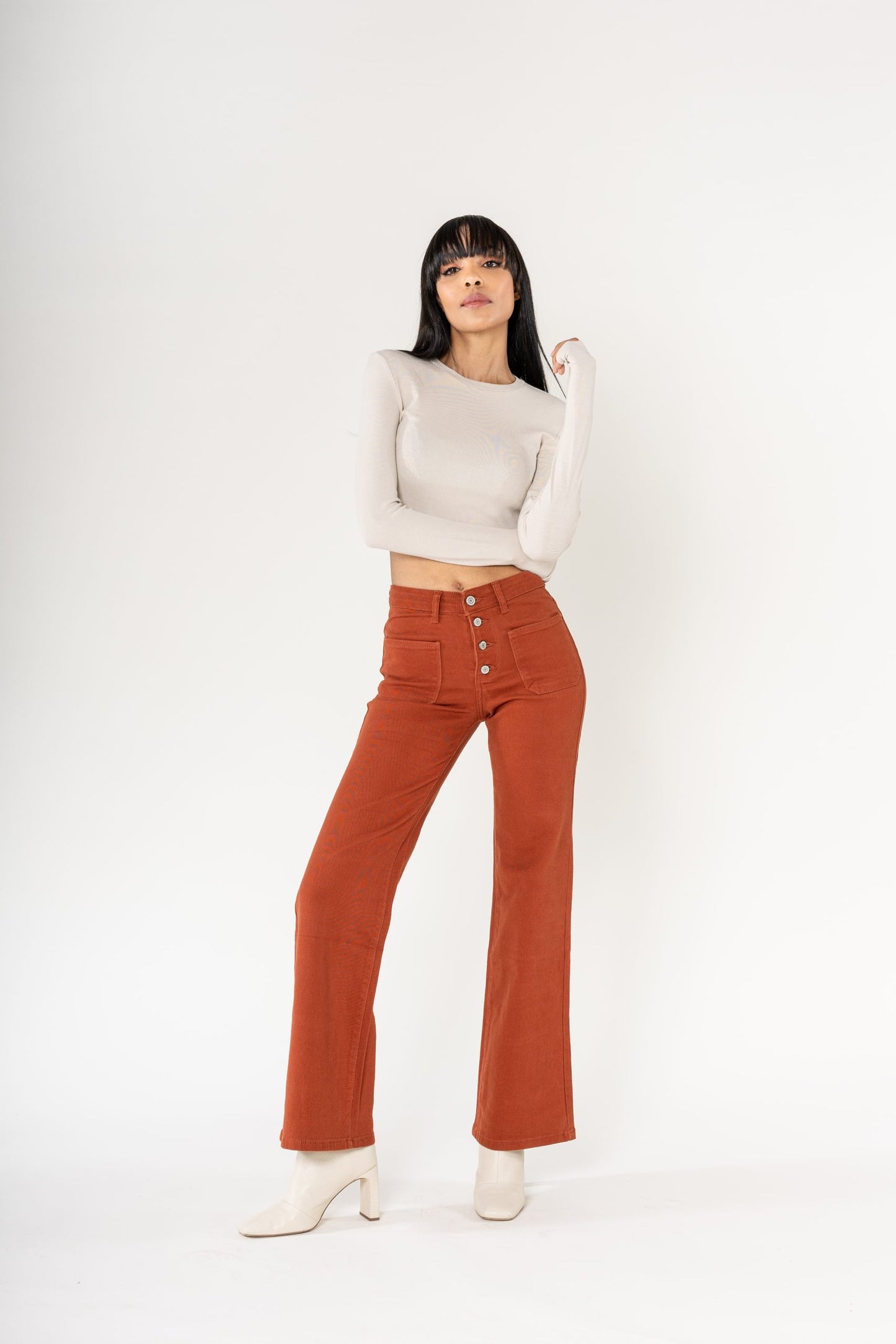 Wholesale colour brick super wide leg jeans with high rise and buttons