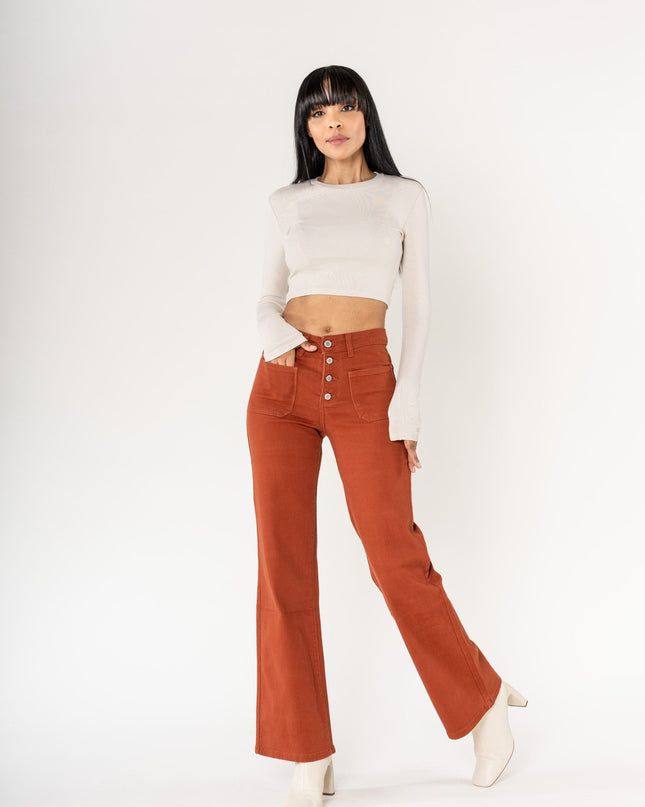 Wholesale colour brick super wide leg jeans with high rise and buttons