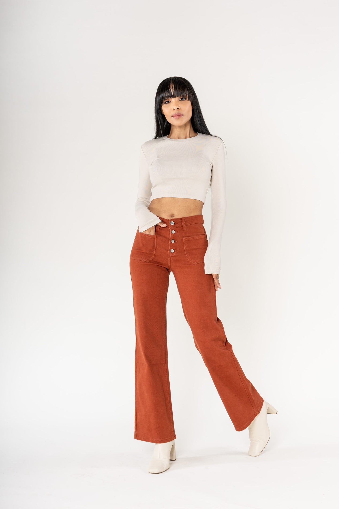 Wholesale colour brick super wide leg jeans with high rise and buttons