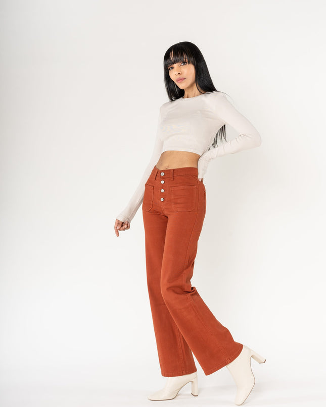 Wholesale colour brick super wide leg jeans with high rise and buttons