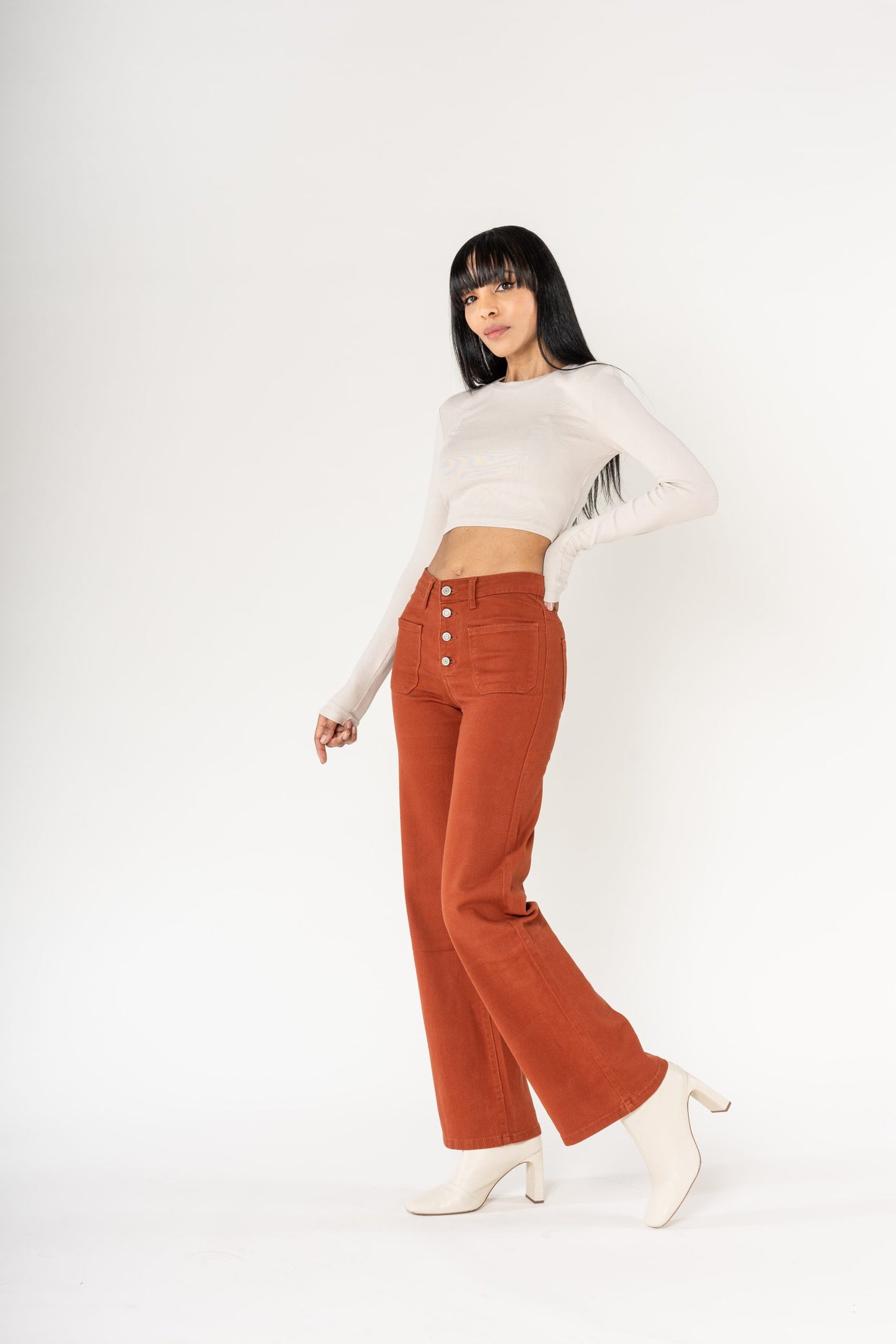 Wholesale colour brick super wide leg jeans with high rise and buttons