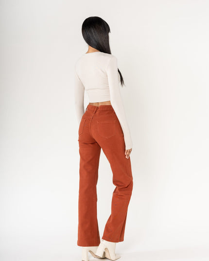 Wholesale colour brick super wide leg jeans with high rise and buttons