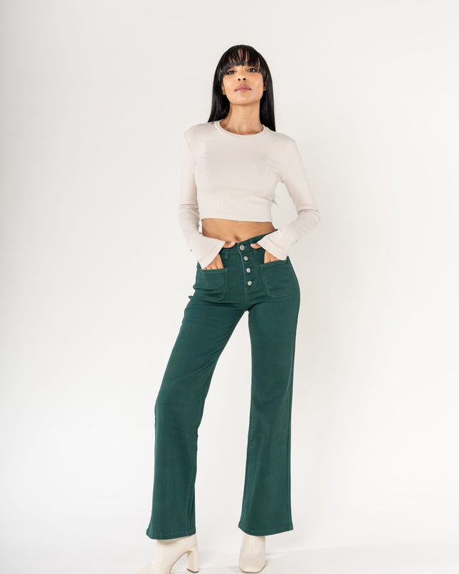 Wholesale colour fir green super wide leg jeans with high rise and buttons