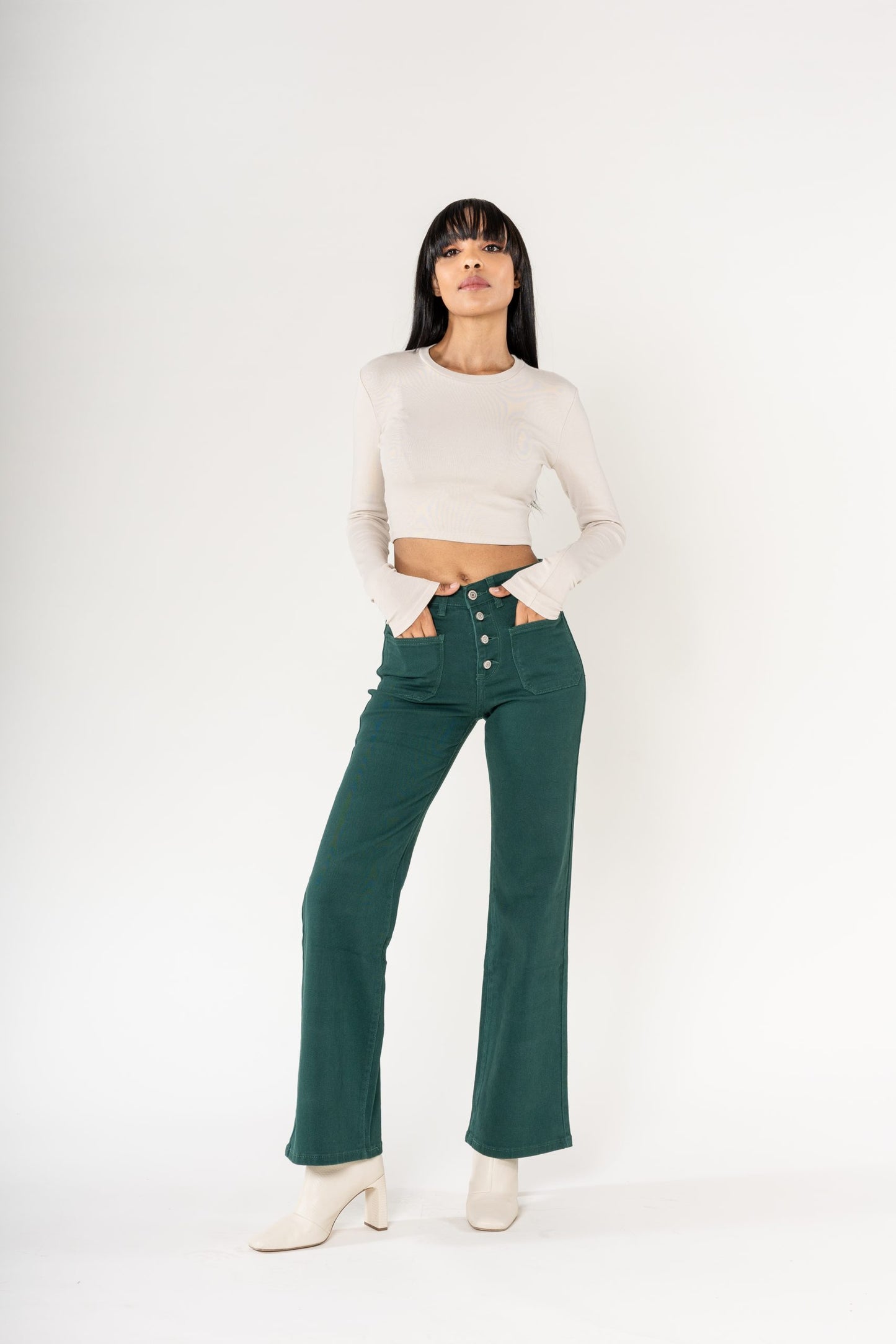 Wholesale colour fir green super wide leg jeans with high rise and buttons