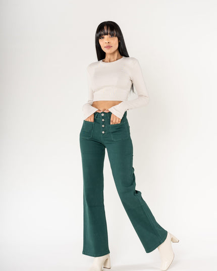 Wholesale colour fir green super wide leg jeans with high rise and buttons