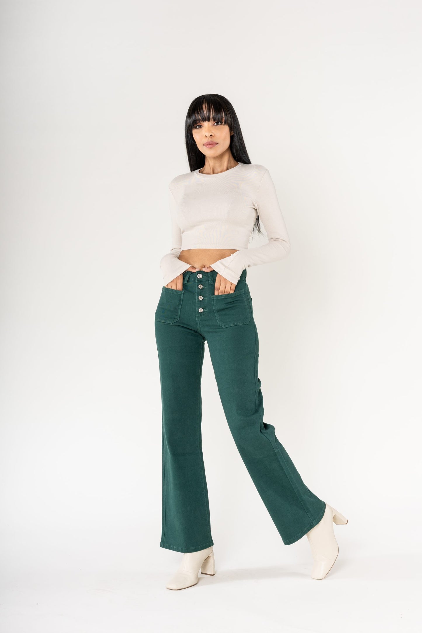 Wholesale colour fir green super wide leg jeans with high rise and buttons