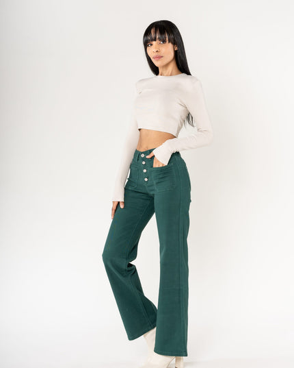 Wholesale colour fir green super wide leg jeans with high rise and buttons