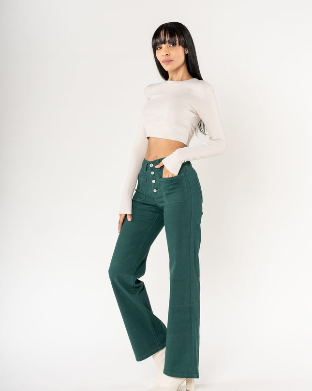 Wholesale colour fir green super wide leg jeans with high rise and buttons