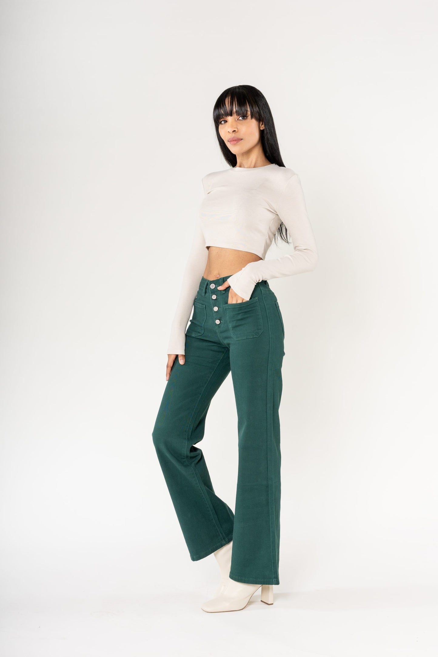 Wholesale colour fir green super wide leg jeans with high rise and buttons