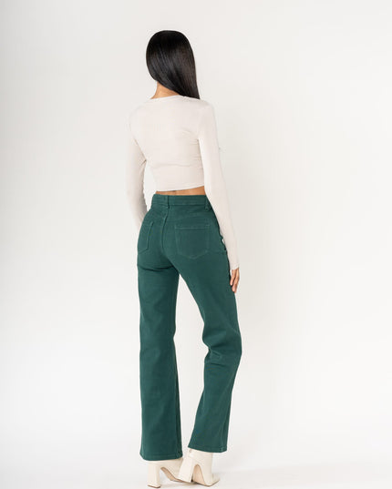 Wholesale colour fir green super wide leg jeans with high rise and buttons