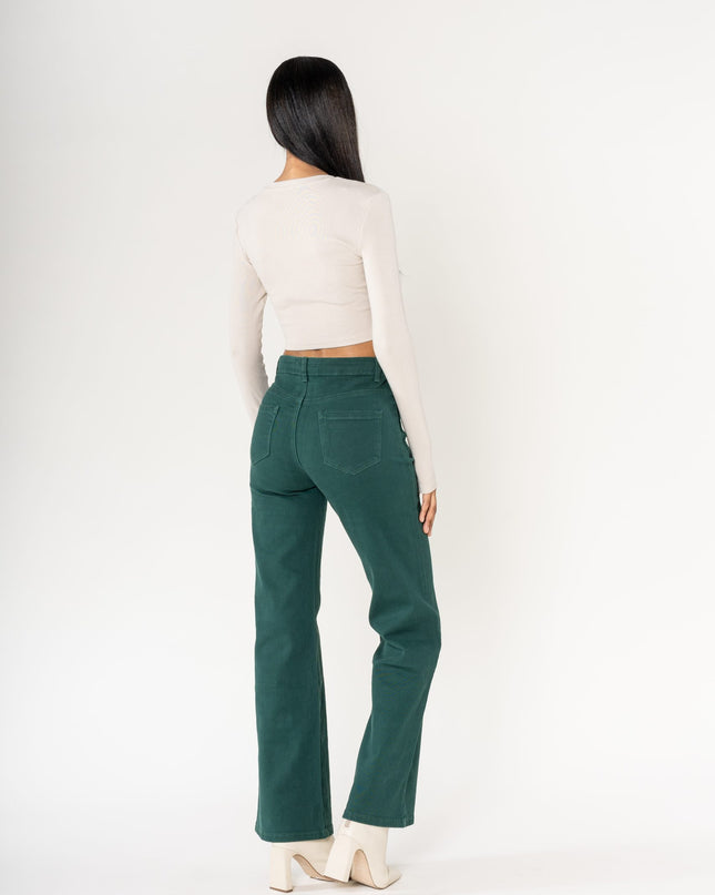 Wholesale colour fir green super wide leg jeans with high rise and buttons