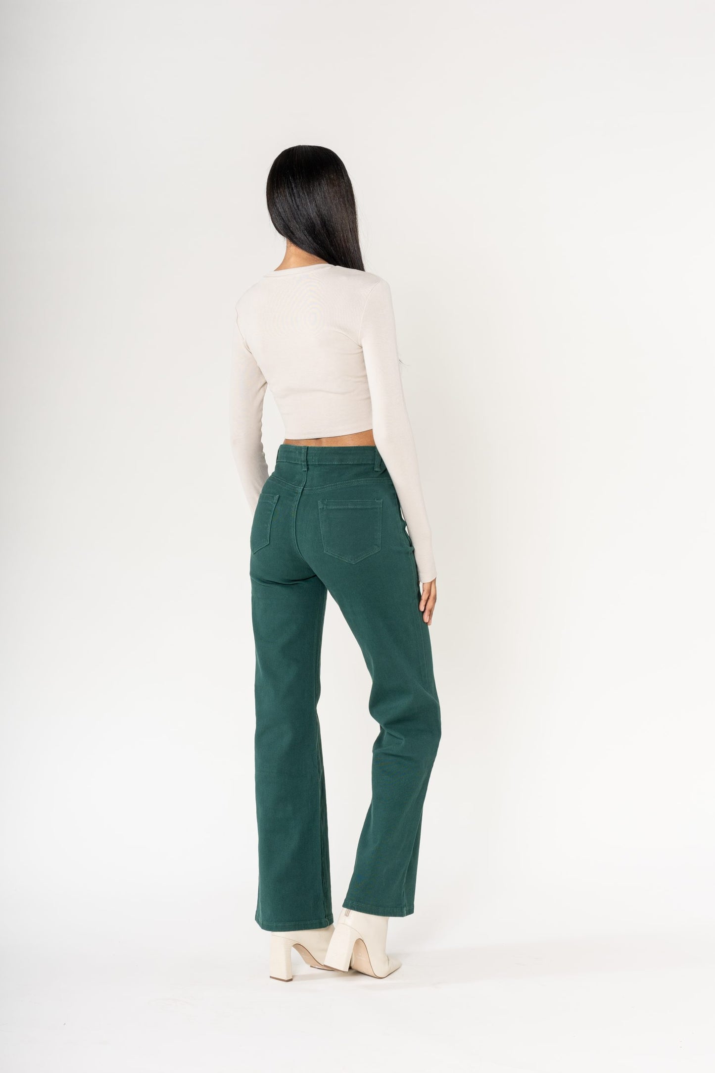 Wholesale colour fir green super wide leg jeans with high rise and buttons