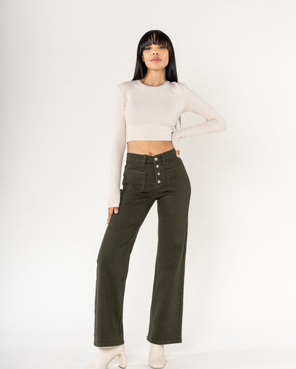 Wholesale colour khaki super wide leg jeans with high rise and buttons
