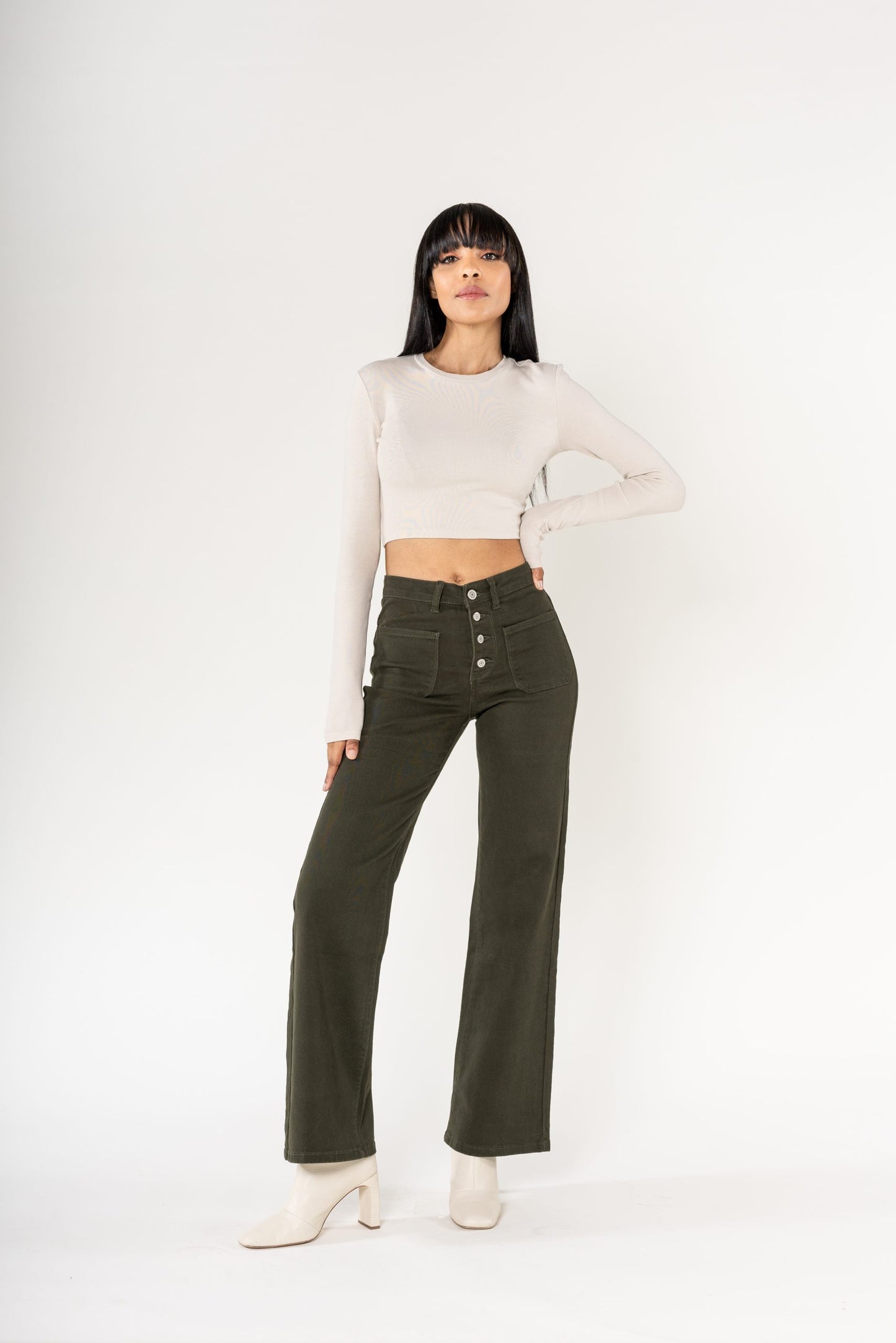 Wholesale colour khaki super wide leg jeans with high rise and buttons