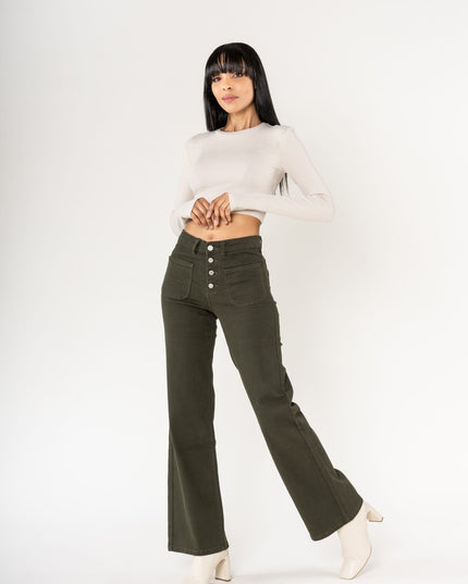 Wholesale colour khaki super wide leg jeans with high rise and buttons