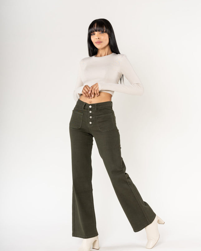 Wholesale colour khaki super wide leg jeans with high rise and buttons