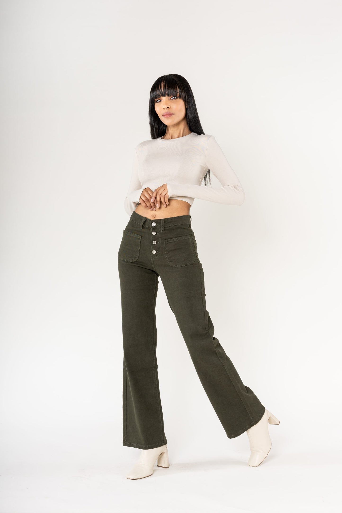 Wholesale colour khaki super wide leg jeans with high rise and buttons